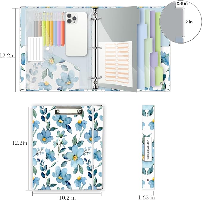 3 Ring 1 Inch Binder Organizer, KLLVE Three Ring Binders with Clipboard, 5-Tabs Pockets Dividers, Plastic Folder, 18 Divider Stikers,Pen Loop (Blue Flora, Letter Size)