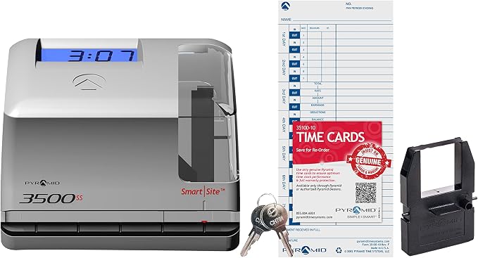 Pyramid Time Systems - 3500SS Employee Automatic Time Clock Bundle | For Payroll Tracking and Attendance Management, With SmartSite Alignment, 25 Time Cards, 1 Ribbon and 2 Security Keys