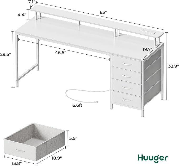 Huuger 63 Inch Computer Desk with Power Outlets and LED Lights, Gaming Desk with 4 Drawers, Office Desk with Monitor Stand, Study Work Desk for Home Office, White