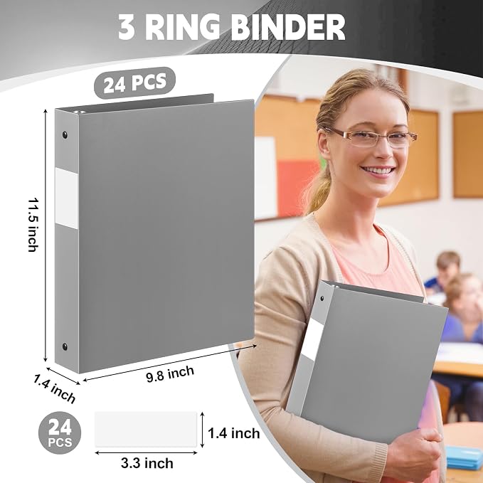 Henoyso 24 Pack 1 Inch 3 Ring Plastic Binders, Bulk Flexible PP Binders for Classroom & School Supplies, Letter Size 8.5 x 11, Holds 240 Sheets with Interior Pocket (Grey)