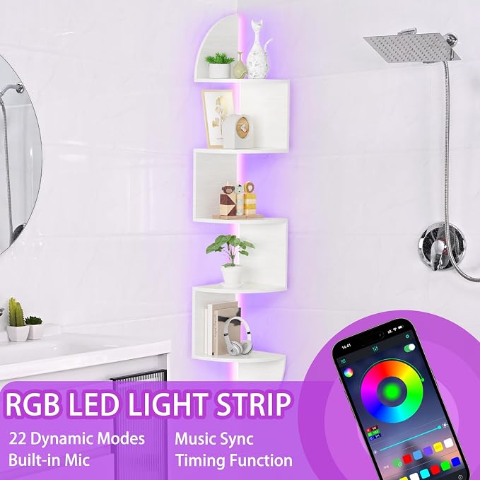 Corner Shelf, 5 Tier Bookshelf with LED Light, Corner Shelf Wall Mounted, Floating Shelves for Wall, Display Stand for Bedroom, Living Room, Bathroom, Home, Office, White