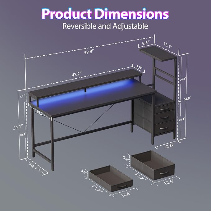 60 inch Gaming Desk with Drawers, Reversible Computer Desk, Black | Gamer Desk with LED Lights, Power Outlets & Monitor Stand, Large Office Table for Home Bedroom Study Work Writing