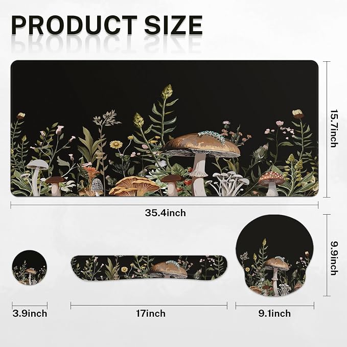 Keyboard Mouse Pad Set, 4 in 1 Desk Mat Set, Black Mushroom Flora | Large Mousepad+Keyboard Wrist Rest+Mouse Wrist Rest+Coaster Ergonomic Design for Home Office Computer