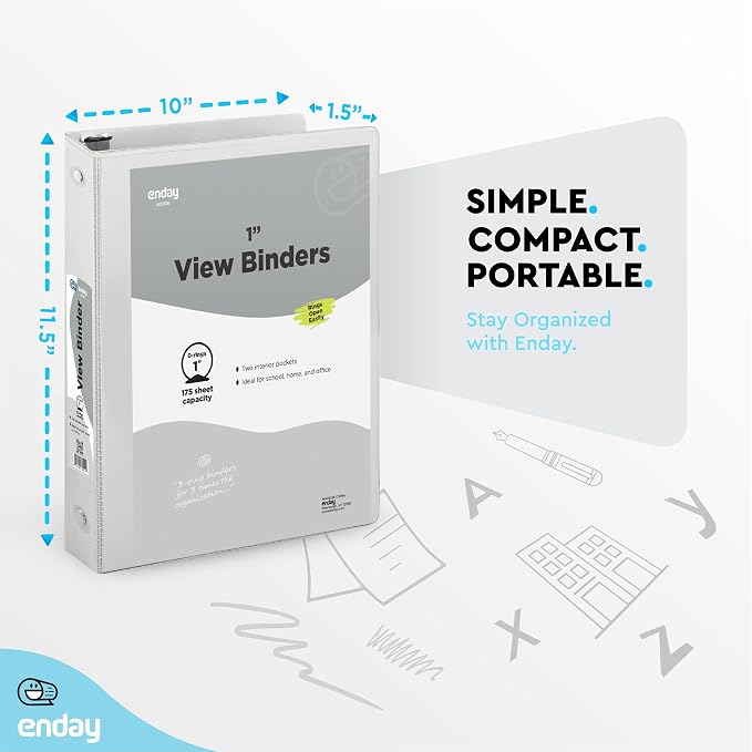 Enday 1 Inch Binder (6 Pack - Grey) 3 Ring Binder 1 inch with Clear View Cover and 2 Inside Pocket - for Letter Size 8.5 x 11'' Paper, Ideal for School Supplies, Office, and Home