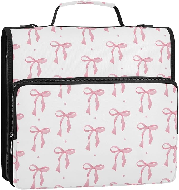 ALAZA Zipper Binder 3 Ring Cute Pink Bow Binder Organizer with Zipper and Shoulder Strap Large Capacity Multi-Pocket Trapper Keeper File Folder for Office Supplies