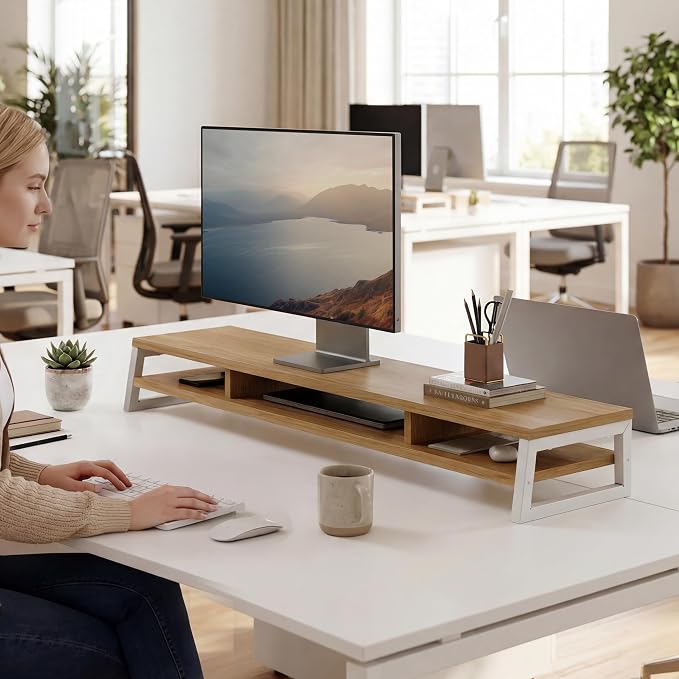 Fenge Dual Monitor Riser for Desk, Open Shelf with 3 Storage Compartments | 42.5in Computer Monitor Stand, 2-Tier Desk Shelf for Top of Desk,One-Piece Panel, fit Ultrawide Monitor, PC, Laptop, Dark Oak