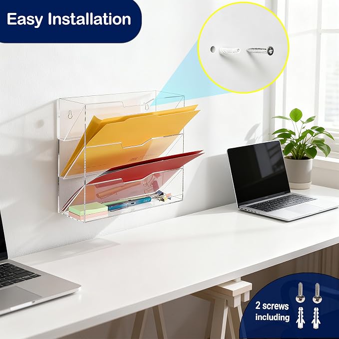 Hanging Wall File Organizer with 4 Pocket Tier - Acrylic Vertical Mail File Folder Holder Wall Mount Mail Magazine Rack with Bottom Tray for Office Home Countertop, Clear