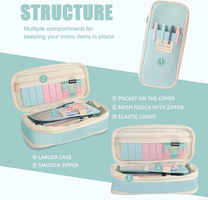 39PCS Aesthetic School Supplies with Cute Pencil Case, 5X Ballpoint Pens with Stylus Tip, 12X Pastel Highlighters, 6X Mechanical Pencil Set 0.5&0.7mm, Suit for Preppy School College Essentials(blue)