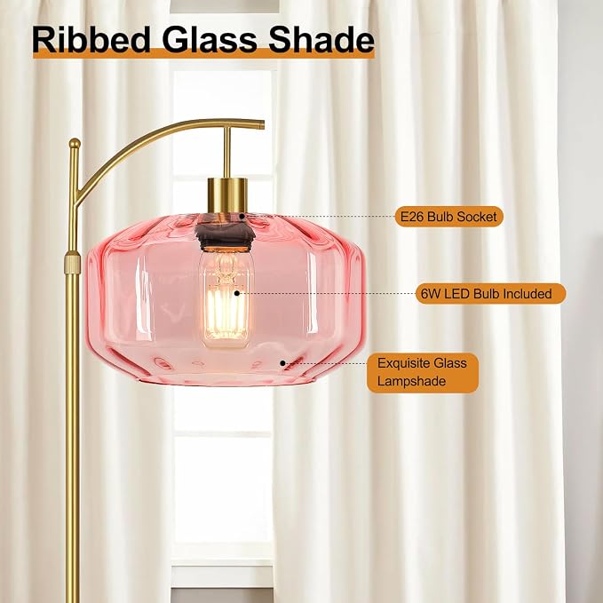 Gold Floor Lamps for Living Room Bedroom,Glass Floor Lamp with Remote Control & Pink Lampshade,Arc Dimmable Floor Lamp Mid Century Modern Standing Lamp Vintage Tall Floor Lamps for Bedroom Corner