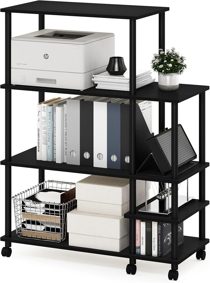 Furinno Turn-N-Tube 4-Tier Wide Toolless Multipurpose Printer Stand Display Storage Shelf with Wheels, Americano/Black