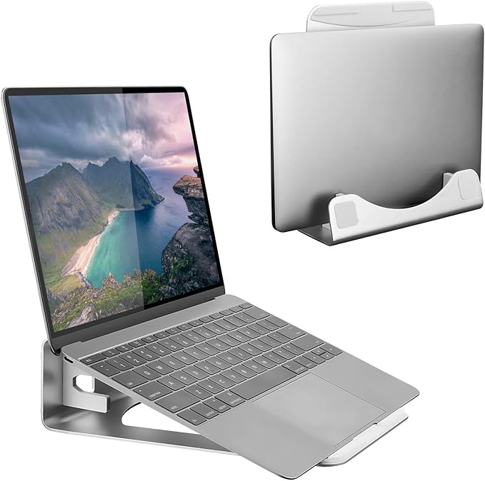 Mount-It! Vertical Laptop Stand for Desk, 2-in-1 Aluminum Laptop Holder & Angled Riser for 11–15 Inch Laptops, Space-Saving Laptop Dock for External Monitor Setup, Silver