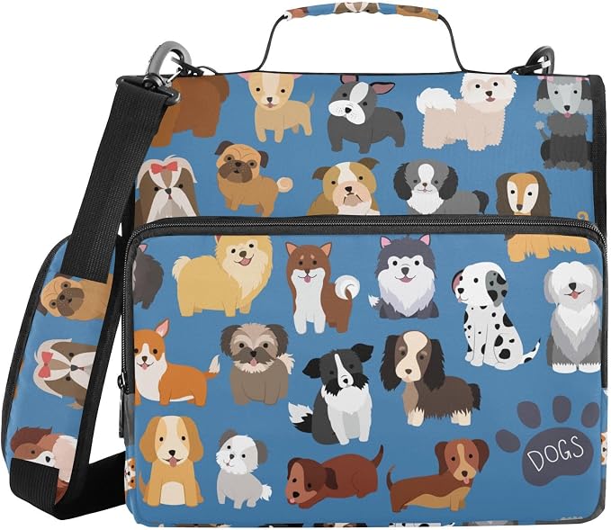 Dogs Cute Blue Print Zipper Binder Bag 3 Ring with Shoulder Strap & Handle Multi Pocket Binder Organizer Bag Large Capacity for School Office Supplies