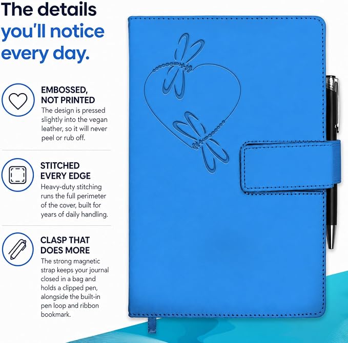 The Amazing Office Dragonfly Refillable Journal, Light Blue Faux Leather, 200 Lined Pages, 5.75x8.5 Inch Notebook with Magnetic Clasp and Pen Holder, Writing Diary for Women and Men