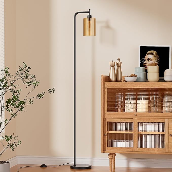 Ziisee Floor Lamps for Living Room - Standing Lamp with Amber Glass Shade, Modern Floor Lamp with LED Bulbs, Industrial Floor Lamp for Bedroom, Black Tall Lamp for Office(Light Bulb Included)