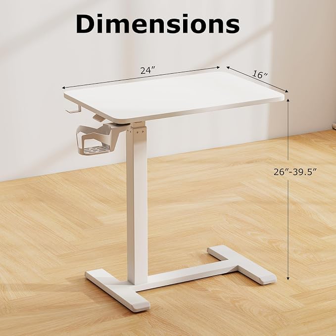 Tangkula Mobile Standing Desk, Pneumatic Height Adjustable Rolling Desk with Cup Holder & Headphone Hook, Overbed Table with Hidden Wheels, Laptop Computer Cart for Couch, Home, Office (White)