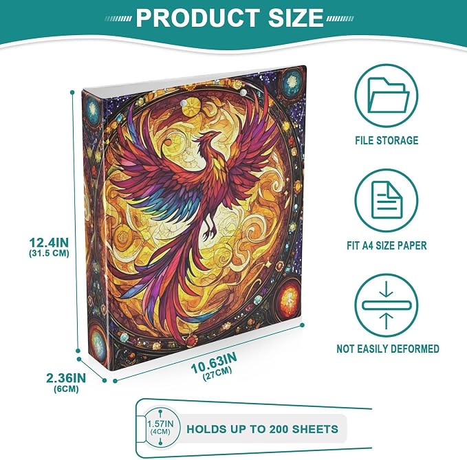 Phoenix Fire Wing Rainbow Glass 3 Ring Binder with 2 Interior Pockets 1.5 inch Binders 3 Ring Heavy Duty Fit 8.5" x 11" Letter Size for Office School, 2 Pack
