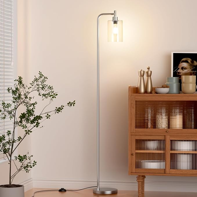 Ziisee Floor Lamps for Living Room - Industrial Standing Lamp with Glass Shade, Modern Floor Lamp with LED Bulbs, Tall Lamp for Bedroom Office - Brushed Nickel