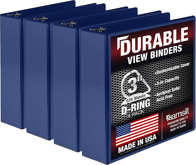 Samsill Durable 3 inch 3 Ring Binder, D Ring Binder, 100% Recycled Chipboard, Blue, 4 Pack