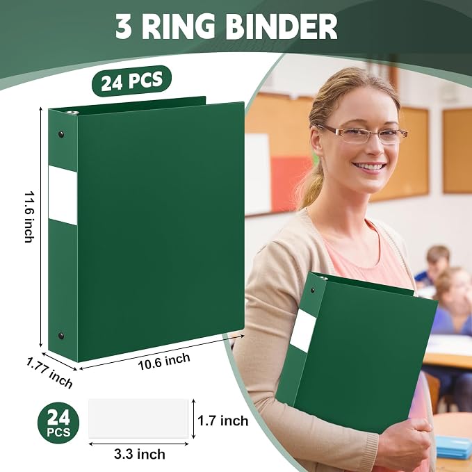 Henoyso 24 Pcs 1.5 Inch 3 Ring Binders, Letter Size,Dark Green | Binders Bulk, Holds 350 Sheets, Round Rings, Durable Flexible PP Plastic Covers, Pockets Labels, School Office Supplies