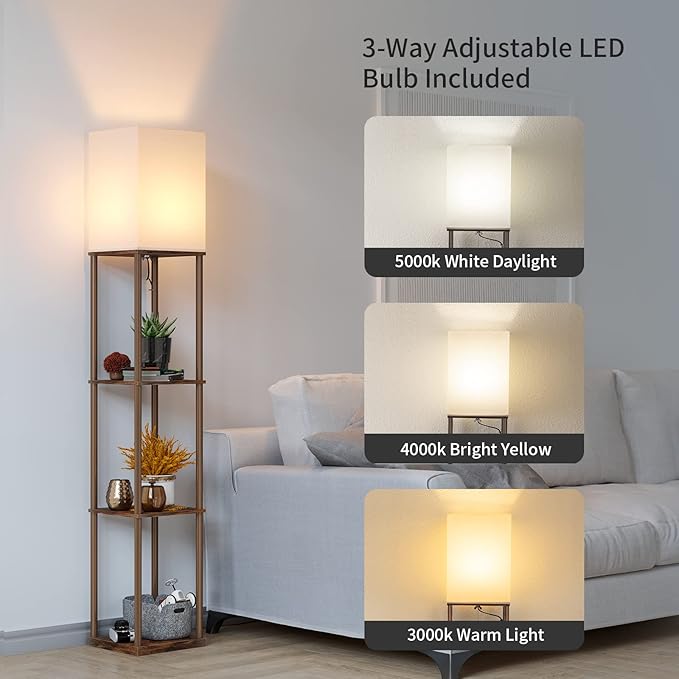 SUNMORY Floor Lamp with Shelves, Standing Lamps for Living Room, Brown | 3 CCT LED Bulb Include, 4-Tier Display Bookshelf, 63" Tall Corner Shelf Lamp, Modern Style for Bedroom, Office, Home Decor