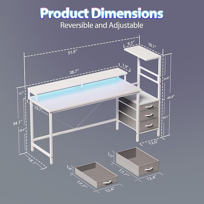 52 inch Gaming Desk with Drawers, Reversible Computer Desk, White | Gamer Desk with LED Lights, Power Outlets & Monitor Stand, Large Office Table for Home Bedroom Study Work Writing