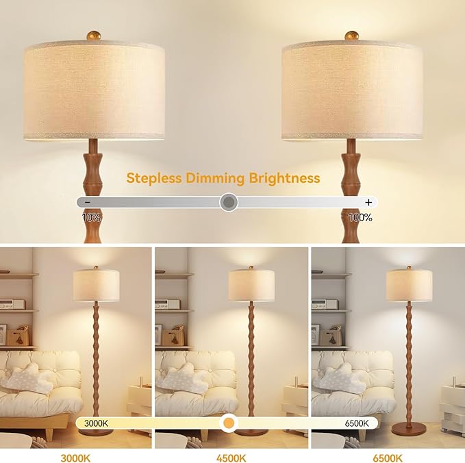 ZECOXOL Wood Floor Lamp with 3 Color Temperatures,Boho Floor Lamp with Remote Control,Dimmable Vintage Floor Lamp Mid Century Modern Standing Lamp Farmhouse Tall Pole Lamp for Living Room Bedroom