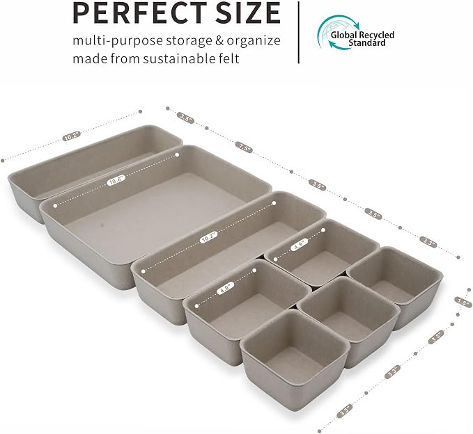 Office Felt Desk Drawer Organizer Tray 8pc Stone Natural Storage Bin | Sustainable material soft yet sturdy,multi-purpose storage, sleek minimalist lifestyle