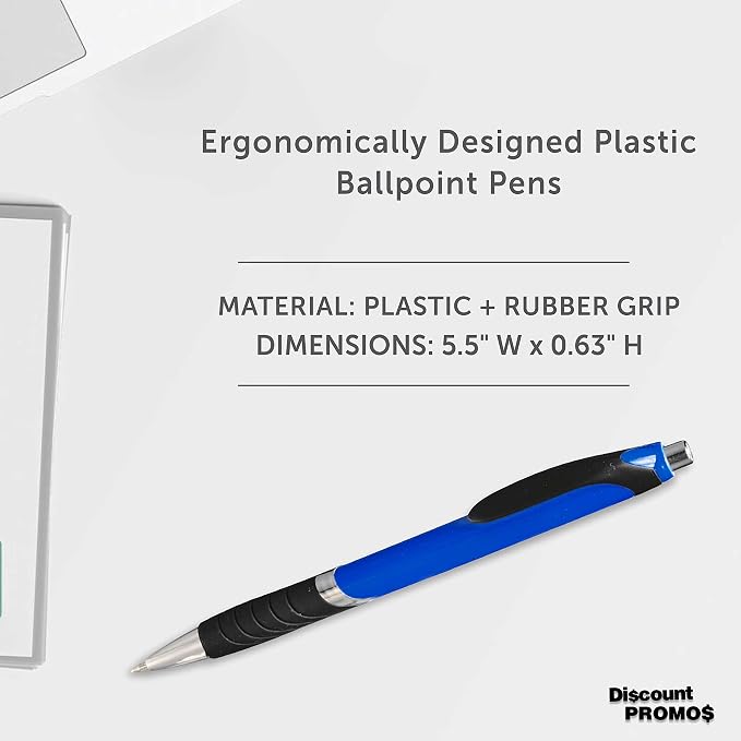 DISCOUNT PROMOS Ballpoint Pens With Rubber Grip - 10 pack - Black Ink Ball Point Pen with Soft Touch Plastic - Blue
