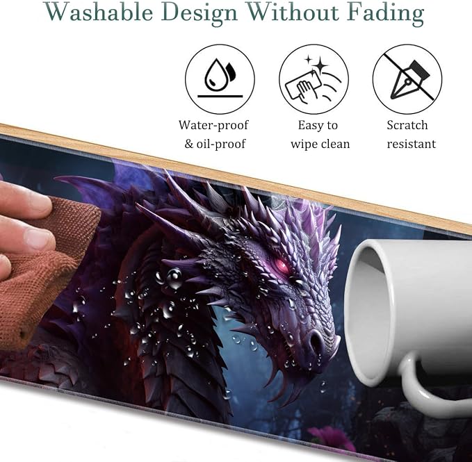 Extended Gaming Mouse Pad 31.5" x 11.8", with Edge Stitching, Non-Slip Rubber Base Keyboard Pad, Suitable for Work, Game, Office, Home and Coasters, Cool Dark Dragon
