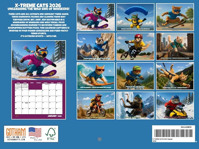 Extreme Sports Cats Calendar 2026 Monthly Wall Calender 12 Month | American Made In The USA