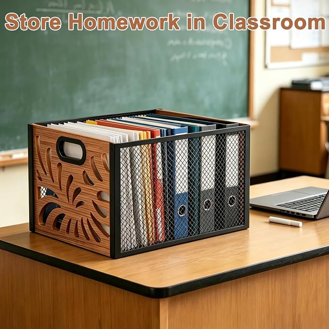 Wood File Box,Hanging File Organizer,File Storage Box Bin for Letter Size | Decorative Filing Boxes Bin, Portable Desktop Files Folder Organizer for Home Office School Desk Cabinet