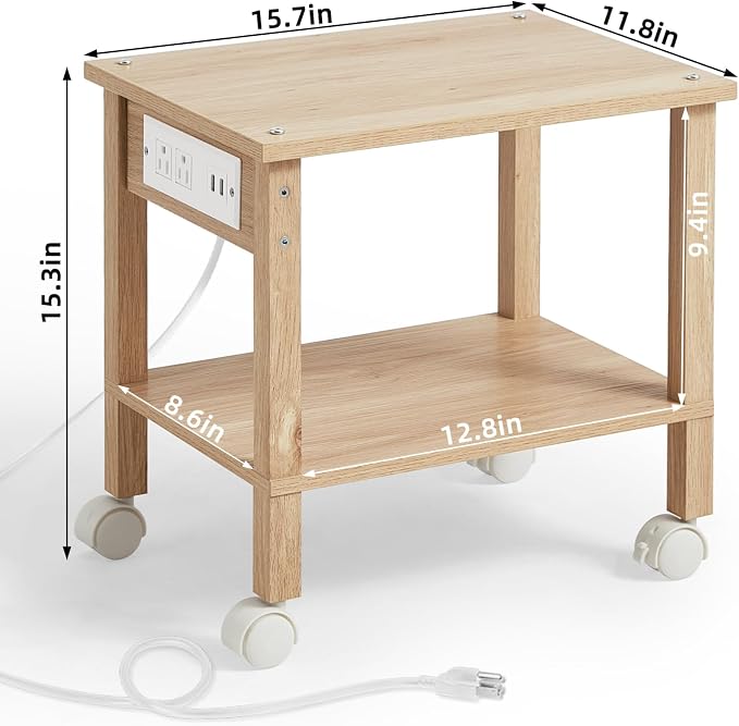 YUFAM 2 Tier Under Desk Printer Stand with Charging Station, Natural | Wooden Small Printer Table for Home Office, Rolling Printer Cart Shelf with Lockable Wheels