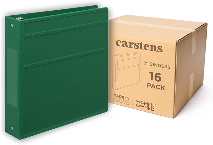 Carstens 2-Inch Heavy Duty 3-Ring Binder - Side Opening, Leaf Green, Durable Plastic, No-Gap Rings, Waterproof Cover, No Pockets, Holds 300 US Letter Sheets, BPA-Free, Made in USA (2844-3R) Case of 16
