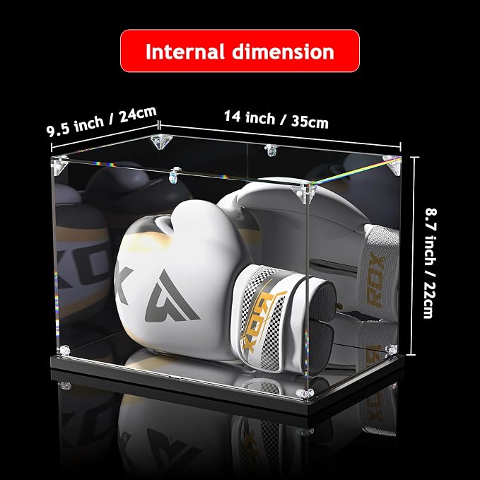 KOLIPI Acrylic Boxing Glove Display Case 14x9.5x8.7 in | Boxing Glove Case for Gloves up to 16 oz, Mirror Back and Base, Dustproof Protection, Stable and Stackable, Assembly Required