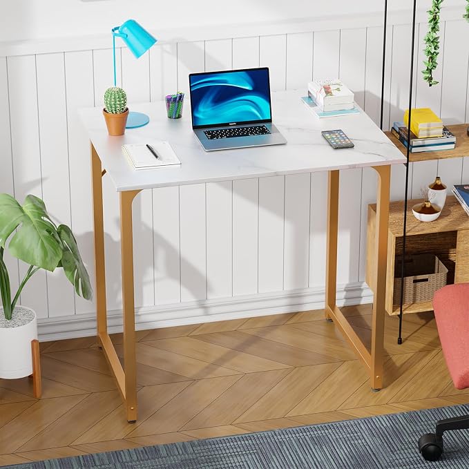 PayLessHere | 32 Inch Computer Desk | White Gold | Sturdy Office Desk | Metal Frame, Adjustable Feet | Water-Resistant, Scratchproof Surface | Writing Table for Home Office or Study | Pack of 1