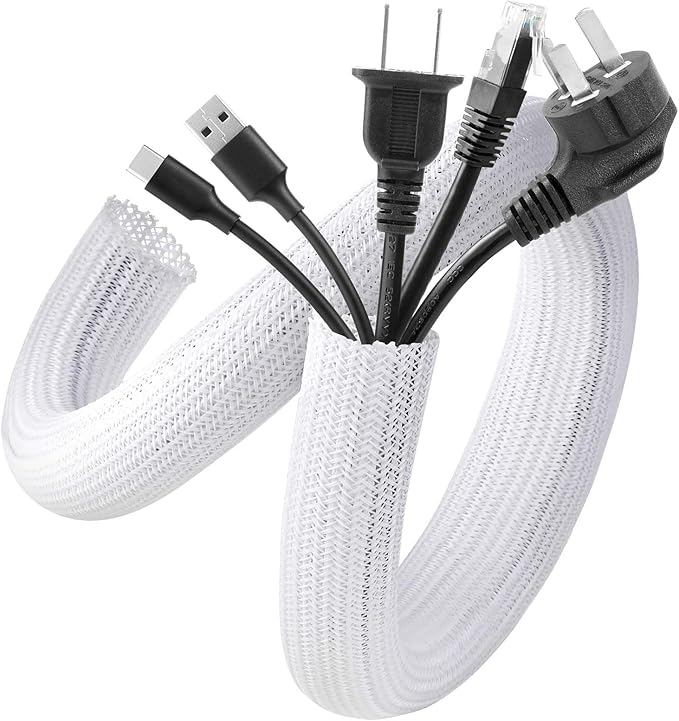 AGPTEK Cable Sleeve Cover, 10ft - 1 inch Cord Management Wire Organizer Under Desk, Home Office Computer Wire Cover Hider Cord Protector, Protect Pet Cat Dog from Chewing, White