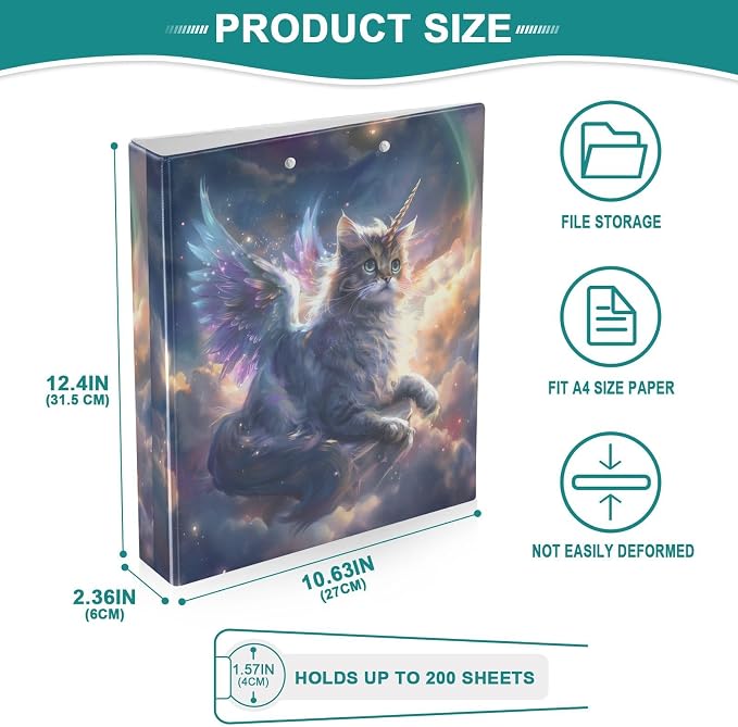 Custom 3 Ring Binder Unicorn Cat with Wings 1.5" Round Ring Binders Personalized Name View Binder with 200 Sheet for Women Men Office Kids School Supplies, 1 Pack