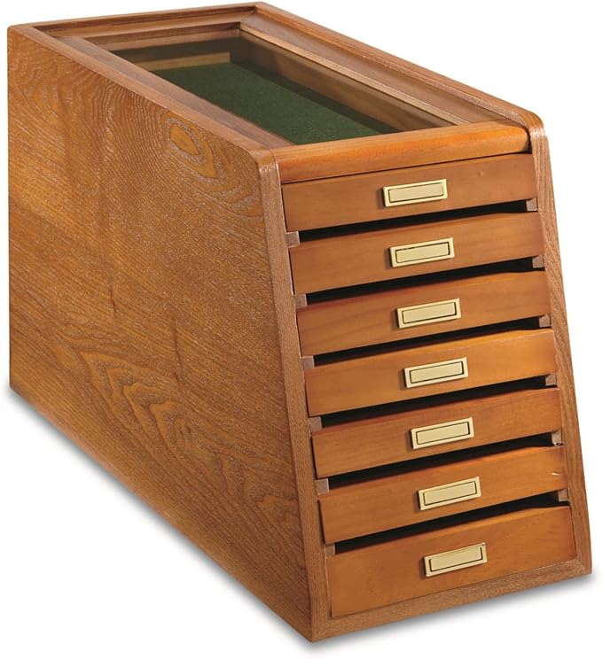 Collector's Cabinet Display Case for Collectibles, Wood 7-Drawer Storage Organizer Oak