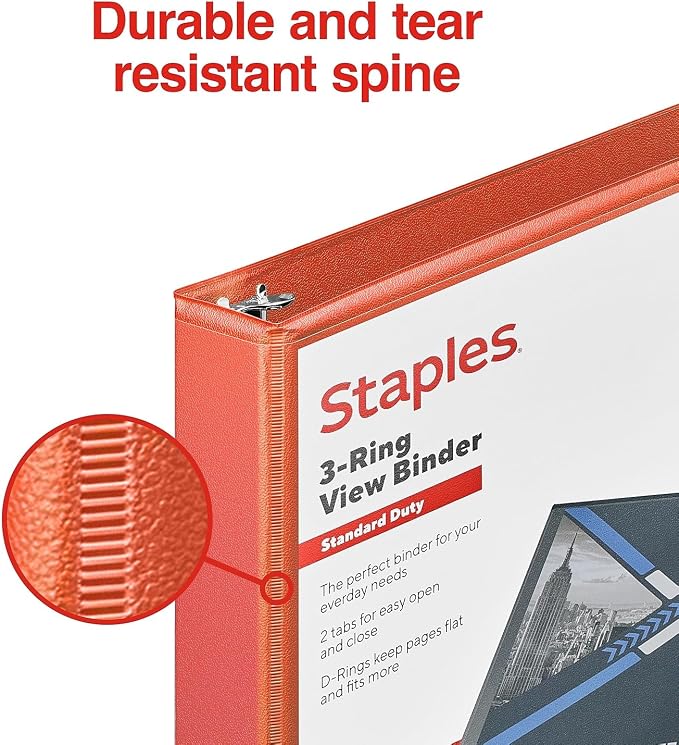 Staples Standard 1-Inch 3-Ring View Binder, Orange, 220 Sheets | Compact binder for office, school, and home document organization.