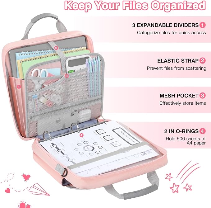 MoKo Zipper Binder Bag, 2-Inch 3-Ring, 500 Sheets, Pink | 6L water-resistant bag fits a 13-inch tablet and 14-inch laptop, with backpack, shoulder and hand carry options.