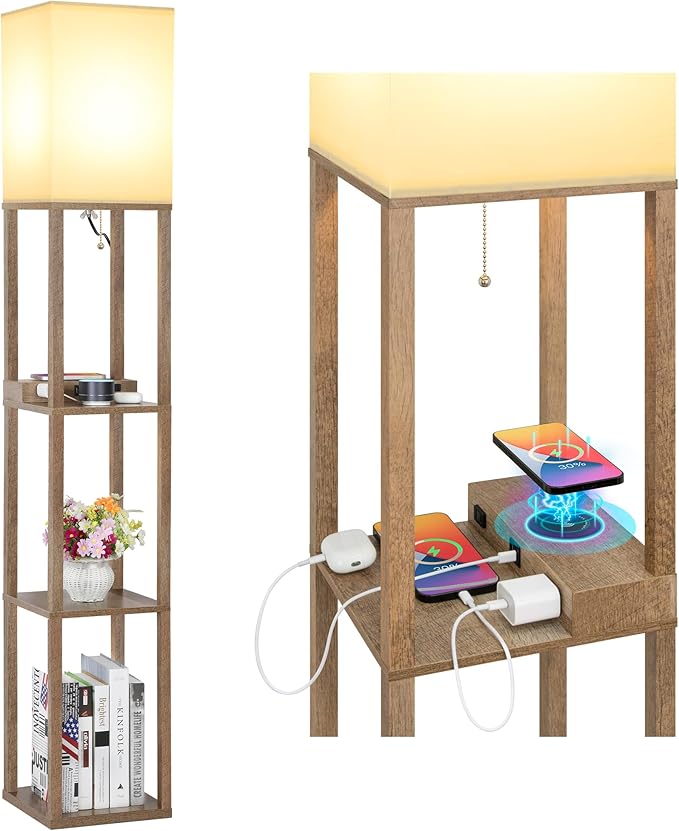 Shelf Floor Lamp with Wireless Charger, USB, Type C, AC Port, Wood | Fast Charging USB Ports & Type C Port & 2 Power Outlets, 3 Tier Storage Shelf Lamp, E26 Base, 60W Max(Bulb Not Included)