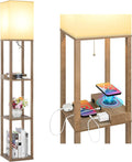 Shelf Floor Lamp with Wireless Charger, USB, Type C, AC Port, Wood | Fast Charging USB Ports & Type C Port & 2 Power Outlets, 3 Tier Storage Shelf Lamp, E26 Base, 60W Max(Bulb Not Included)