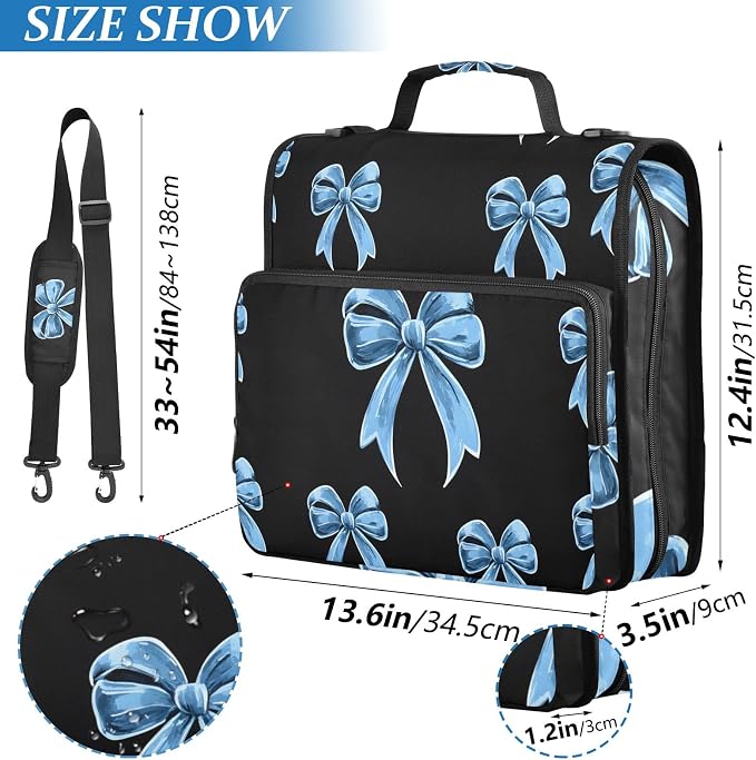 Blue Bow Print 3 Ring Zipper Binder Bag Binder Organizer with Handle Shoulder Strap for School Work Office Supplies