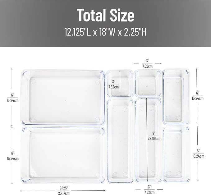 Mind Reader 8-Piece Drawer Organizer Set, Storage Trays for Kitchen, Bathroom, Office, Makeup, Jewelry & More, Junk Drawer Tray, Utensil Holder, Plastic, Clear