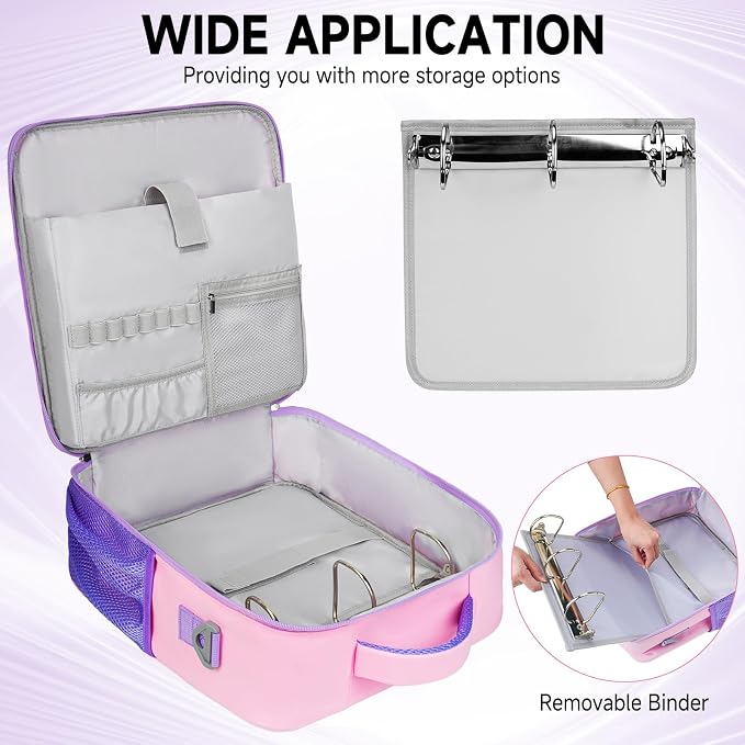 Zipper Binder Bag 3 Ring 3 Inch, 700 Sheets Capacity Binder Organizer with Detachable Backpack Straps & Shoulder Strap, Portable File Storage Case for College Office Travel, Pink&Purple