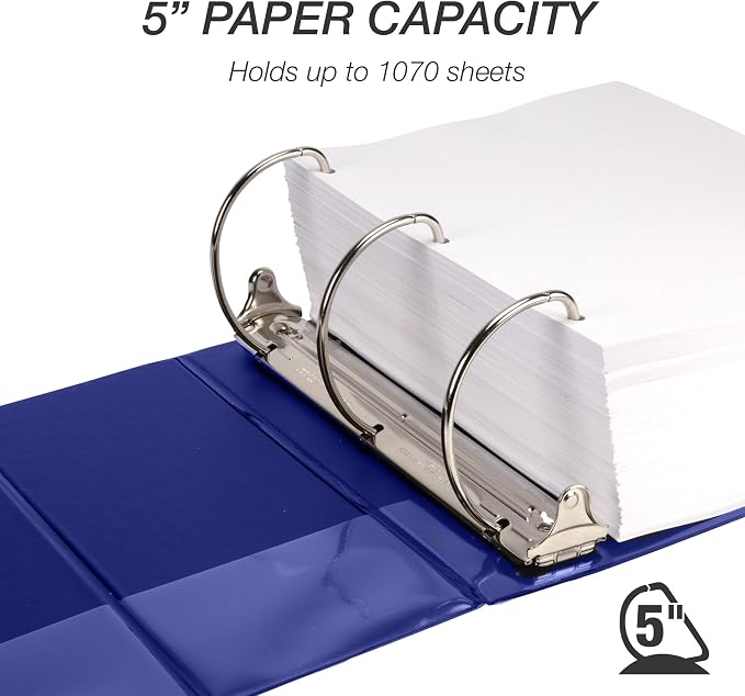 Samsill Durable 5 Inch 3 Ring Binder, D Ring Binder, Customizable Clear View, Blue, Holds 1070 Pages