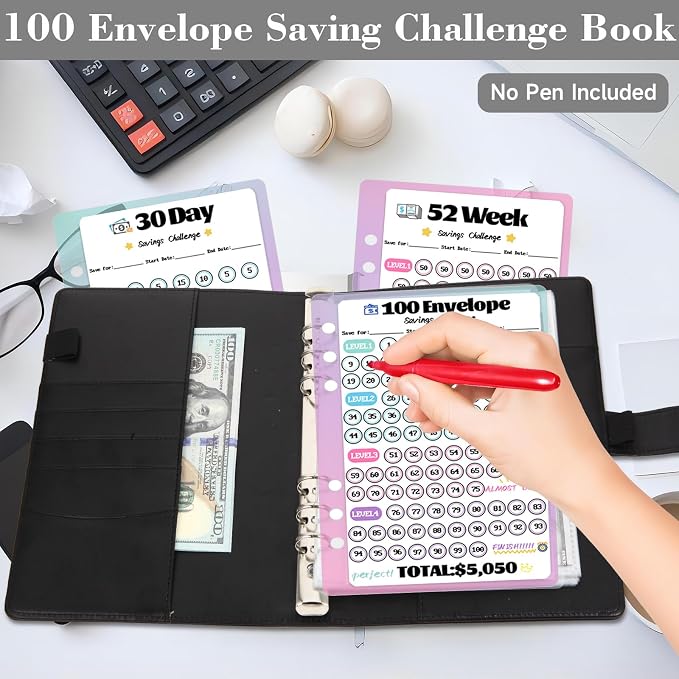 2 Pack 100 Envelopes Money Saving Challenge, Cash Budget Planner A5 Binder | Savings Challenges Book Organizer Folder with 3 Tracker to Save $5,050 $2,600 $300, 100 Pre-numbered Pockets, Black & Red
