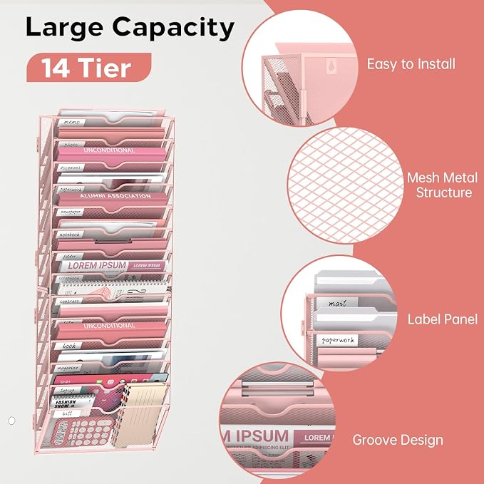 14-Tier Wall File Organizer and Hanging File Organizer, Pink | Wall Organizer and Wall Mounted File Holder with 14 Pockets and Label Panels for Files, Mail, Folders, Magazines and Paper