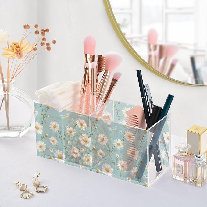 White Daisy Acrylic Pencil Pen Holder Desk Accessories Holder, Cosmetic Brush Organizer Modern Design Desktop Stationery Organizer for Office School and Home 7.87 x 2.48 x 3.54 In
