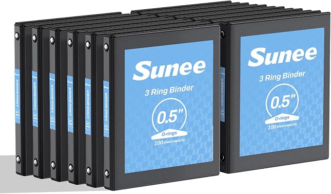 SUNEE 3 Ring Binders 1/2 Inch 12 Pack, Clear View Three Ring PVC-Free (Fit 8.5x11 Inches) for School or Office Supplies, Black